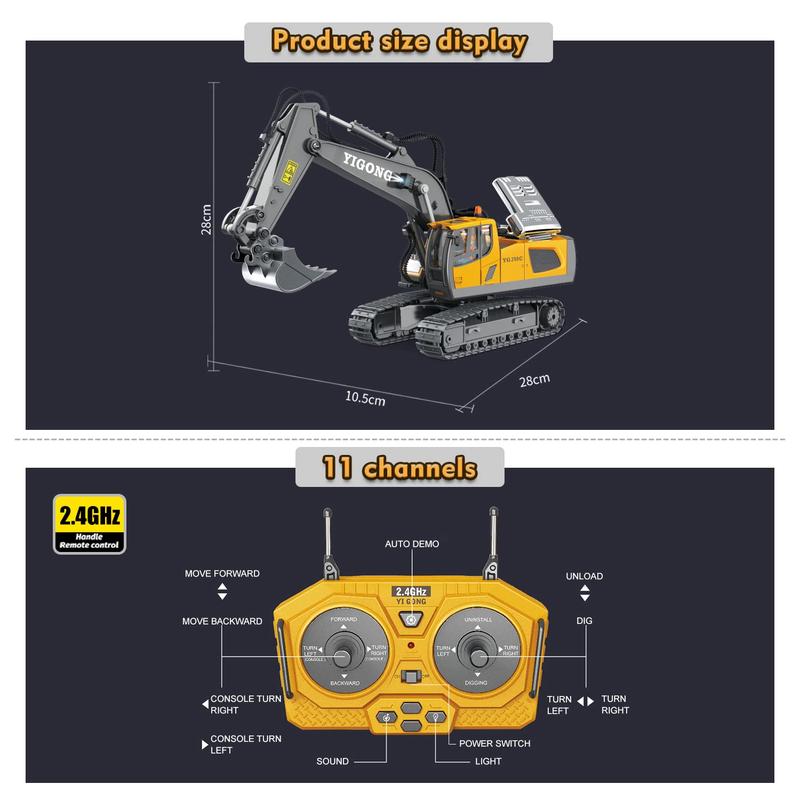 RC Excavator Toy for Kids - 11 Channel Remote Control, 2.4GHz, 1:18 Scale, 680° Rotation with Lights & Music, Best Gift for Boys & Girls, Construction Vehicle Model