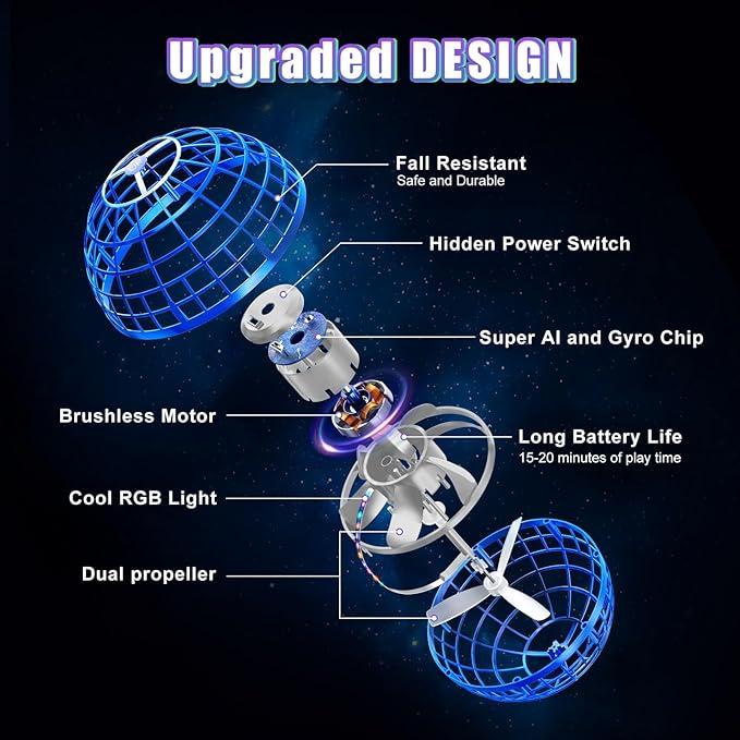 Flying Magic Ball 2025 Upgrade Manual RGB LED Light Boomerang 360° Rotation Flying UFO Mini Sphere Drone Toy Child Safety (Blue Red Purple)