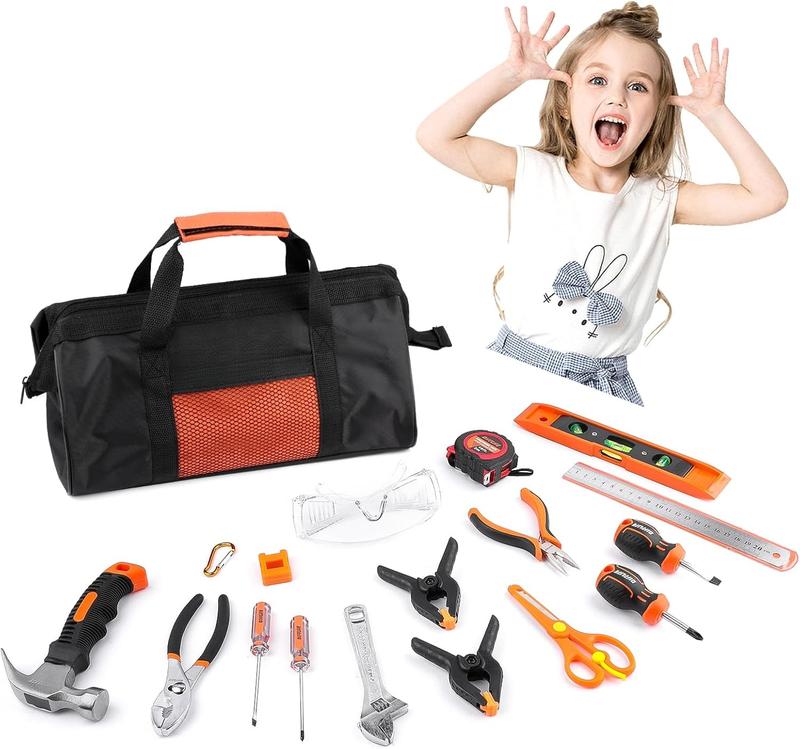 18-Piece Hand Tool Set Kids Real, Tool Kit with Storage Bag for Boys, Girls, Children DIY Building and Woodworking, Age 8+ Tool Set-18 Piece