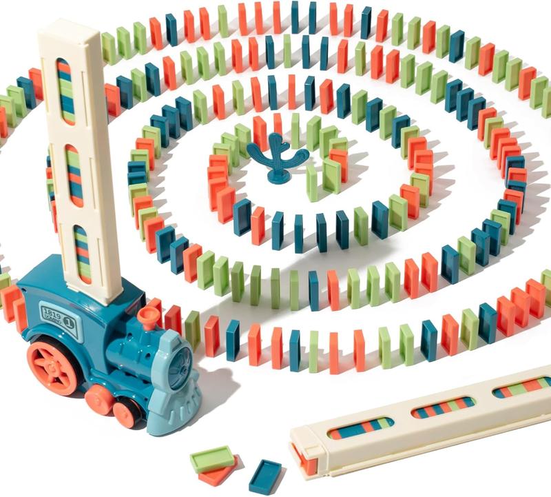 Automatic Domino Train for Kids Blocks Montessori Dominoes Stacking Toys Christmas or Birthday Gifts for Boys Girls Toddler Game Play (Blue)