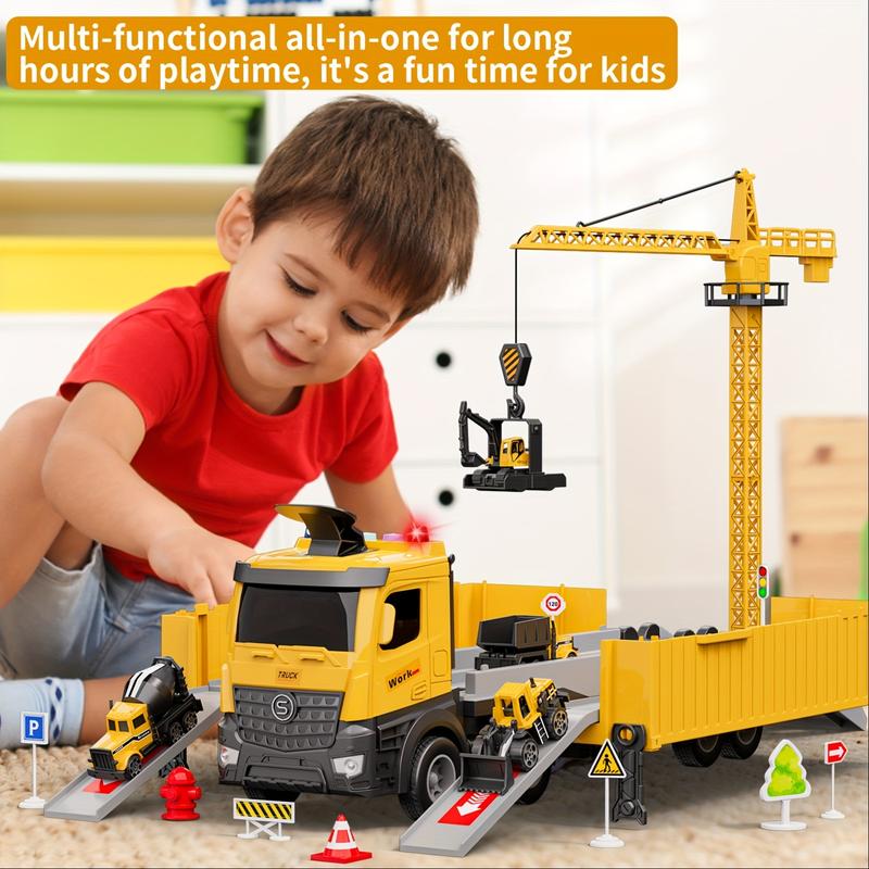 Construction Truck Toys Set - 3-6+ Years Old Boys' Carrier Truck with Crane, Excavator, Bulldozer, Dump Trucks, Cement Truck, Alloy Vehicle Toys