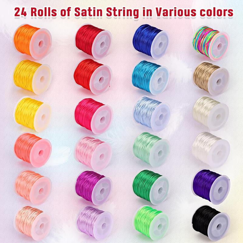 Nylon Lanyard String for Bracelets, 24 Rolls Multicolors Satin Rattail Cord Silky Beading String for Braided Bracelets, Pendants Necklace, Macrame Craft, Keychains Lanyards, Drawstring Bags