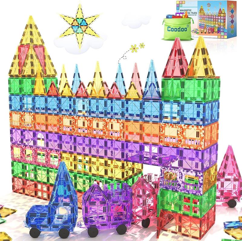 Holiday Haul Deal Coodoo 100 Pieces Magnetic Tiles STEM Building Blocks Toys Set with 2 Cars Sensory Christmas Gift on Sale Construction Toy