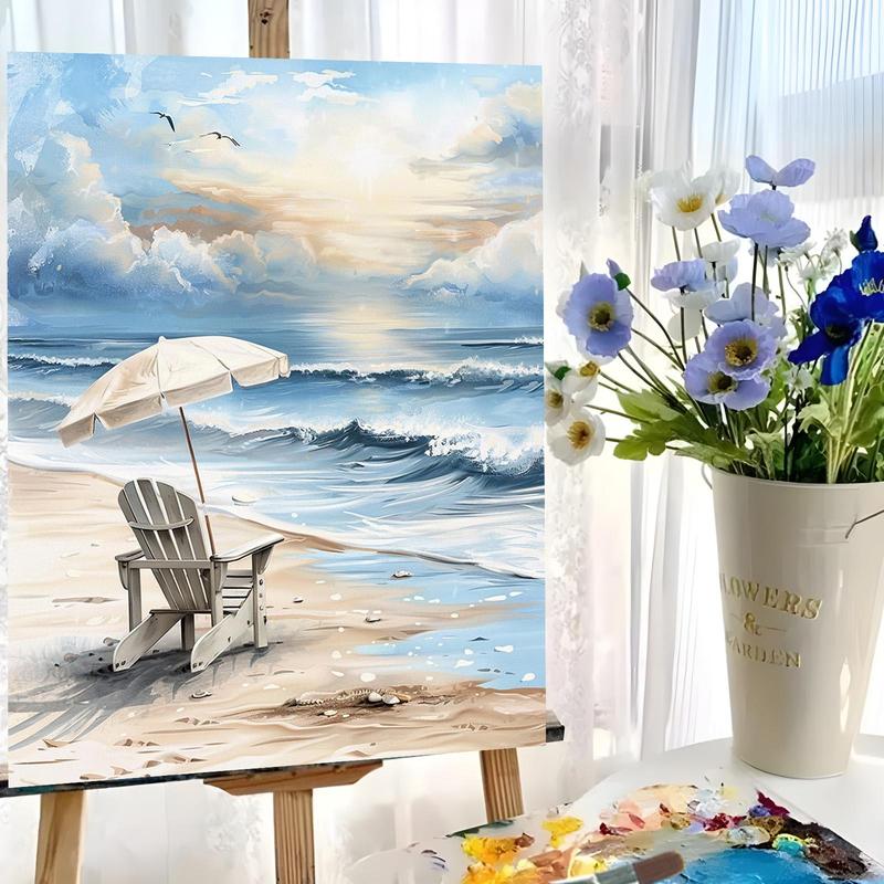 Beach & Umbrella Pattern DIY Painting by Numbers Kit without Frame, DIY Paint by Numbers Kit for Beginner, Wall Art Decor for Home