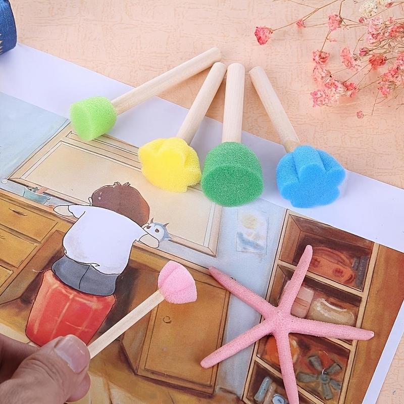 5pcs set Sponge Stamp, Mini Cute Round and Flower Shape Painting Brush with Wooden Handle for Children Painting, DIY, Craft, Scrapbooking, Drawing, Ink, Card Making, Multicolor Paint Sponge Brush