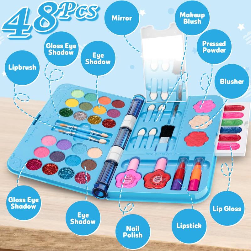 Christmas Gift 48Pcs Kids Makeup Kit for Girl, Washable Play Make Up Toys Set with Mirror, Beauty Dress Up Set Toys for Age 3 4 5 6 7 8 9 10 11 12 Year Old Kids Toddlers Girls, Birthday Girl Gifts