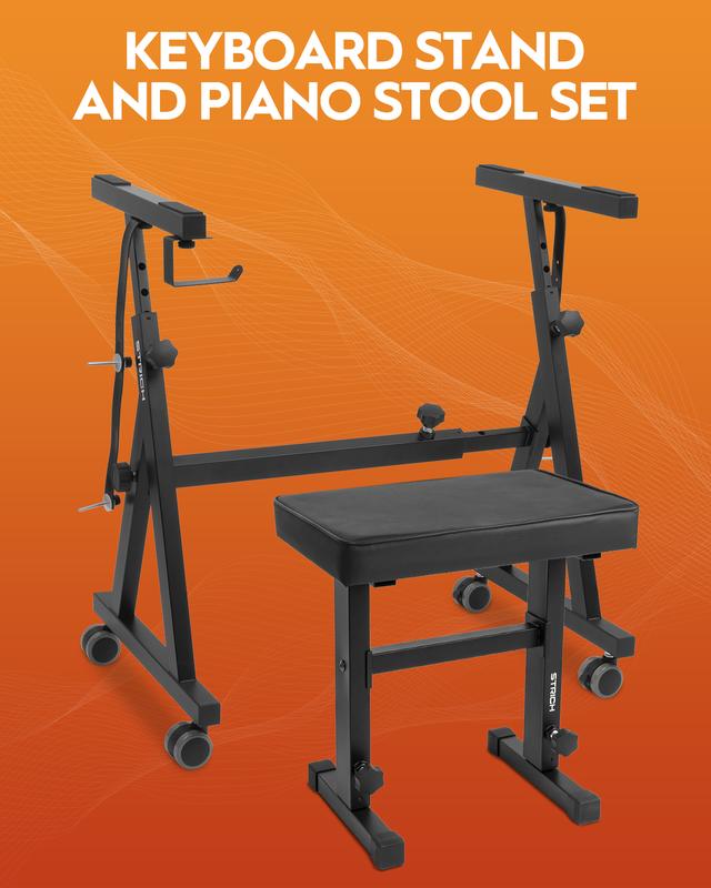 STRICH Piano Keyboard Stand & Bench Set, Portable Heavy Duty Digital Piano Stand for 54-88 Key Electric Pianos & Adjustable Piano Bench, Chair, Stool