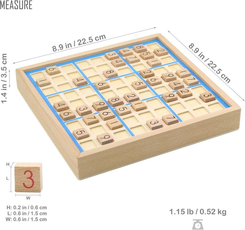 Wooden Sudoku Board Game with Drawer - 81 Grids Number Place Wood Puzzle for Kids and Adults (Blue Line)