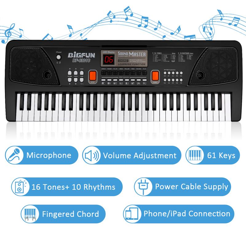 M SANMERSEN Piano for Kids with Microphone, Keyboard Piano for Beginners Electronic Keyboard 61 Keys with Dual Speakers LED Display AUX-in Jack Music Stand Piano Toys for Boys Girls Ages 3-12