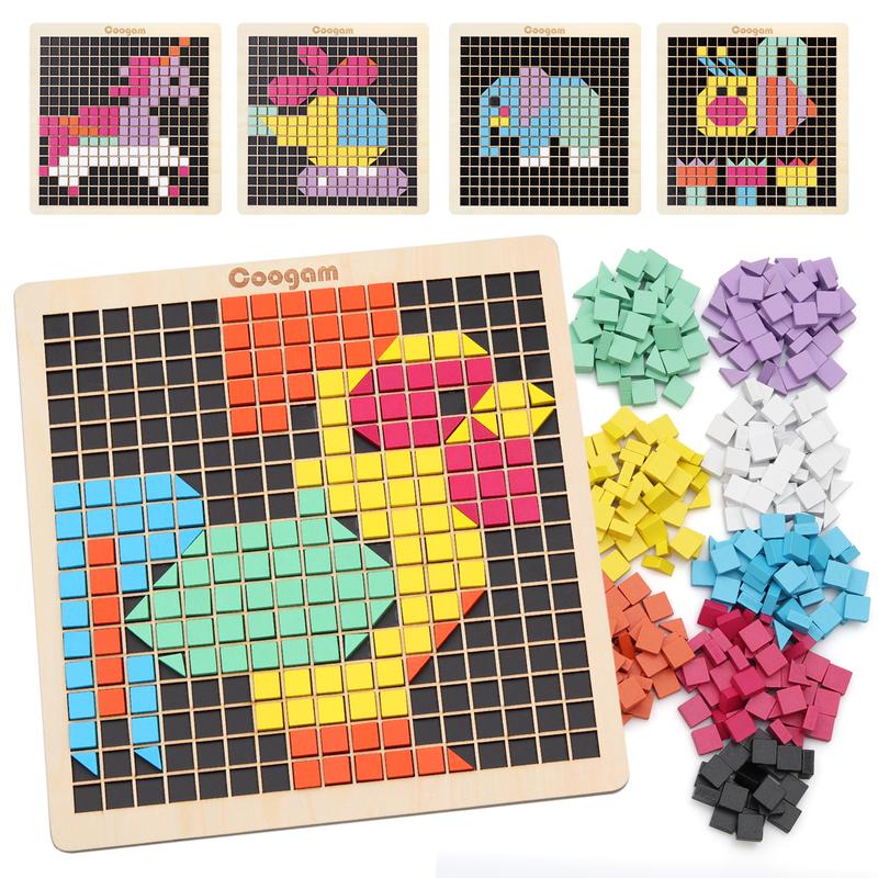 Coogam 370pcs Wooden Mosaic Puzzle, 8 Color Shape Pattern Blocks Pixel Board STEM Toys for 4 5 6 7 Years Old Kids