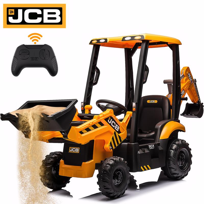 CoCLUB 4 in 1 Ride on Excavator, 12V Licensed JCB Excavator Ride on Toy with Remote Control, Front Loader, Horn and EVA Tires, 4 Transformable Forms Kids Excavator Digger