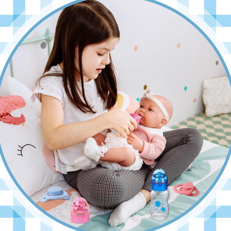 4 Pieces Reborn Baby Doll Accessories, Includes 2 Magnetic Pacifier and 2 Baby Doll Bottles Baby Doll Pacifier Feeding Bottle for Reborn Dolls, Random Pattern, Pink and Blue (Cute)