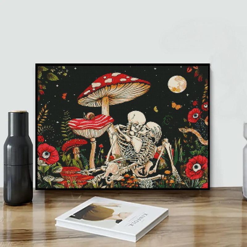 DIY Artificial Rhinestones Art Picture without Frame, Halloween Mushroom Skull Couple Pattern DIY Diamonds Art Painting Kit, Handmade Craft Wall Art Decoration