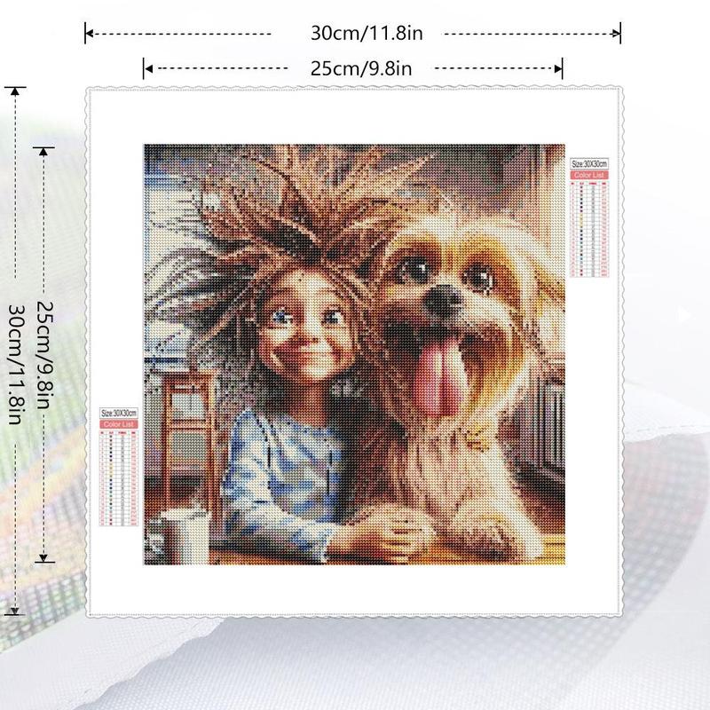 Little Teenager and Pet Dog Pattern DIY Diamond Arts Colorful Painting Kit without Frame, 5D Diamond Decor Painting by Numbers Kit, DIY Wall Art Decor