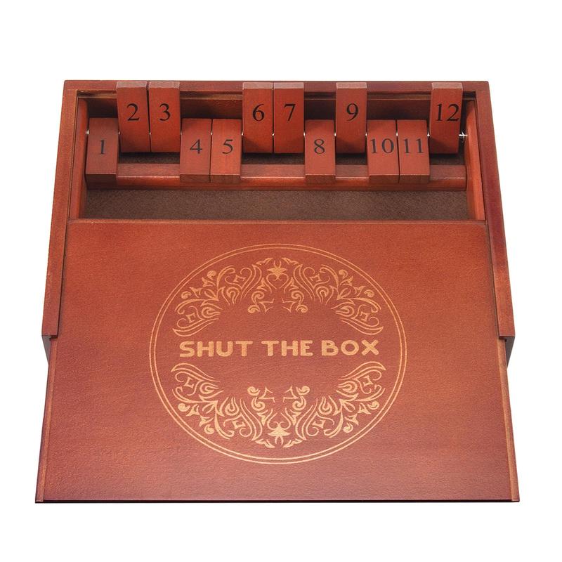 AMEROUS Shut The Box Dice Game，Wooden Board Table Math Game with Lid - 6 Dice - Gift Package - Rules, Classic Board Game for Kids Adults, Family