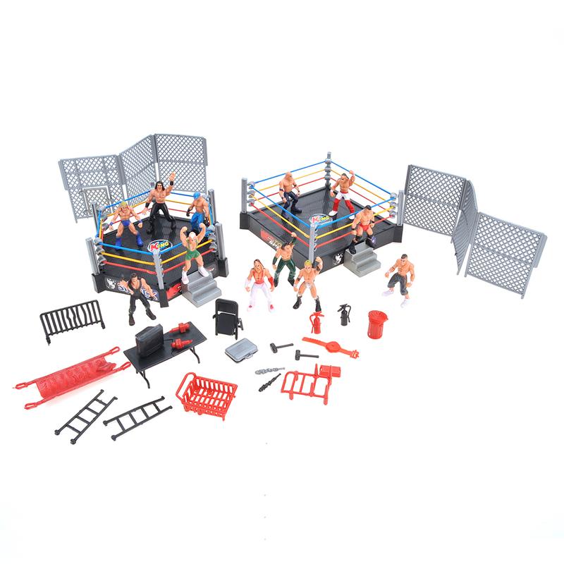 32 Pieces Wrestling Toys, Wrestler Play Set with 2 Wrestle Rings (Hexagon & Square), 12 Wrestlers, 18 Accessories, Toy Figures Cake Topper Birthday