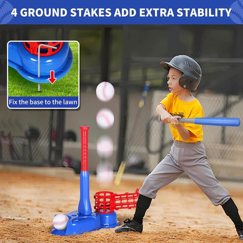 Exergoo 4-in-1 T Ball Set- Height Adjustable Tee Ball Set with 6 Baseballs,  Baseball Tee for 4-8,Indoor Outdoor  Toys for Boys Blue(Tball Bat Batting Tee Hanging Tee Pitching Machine)