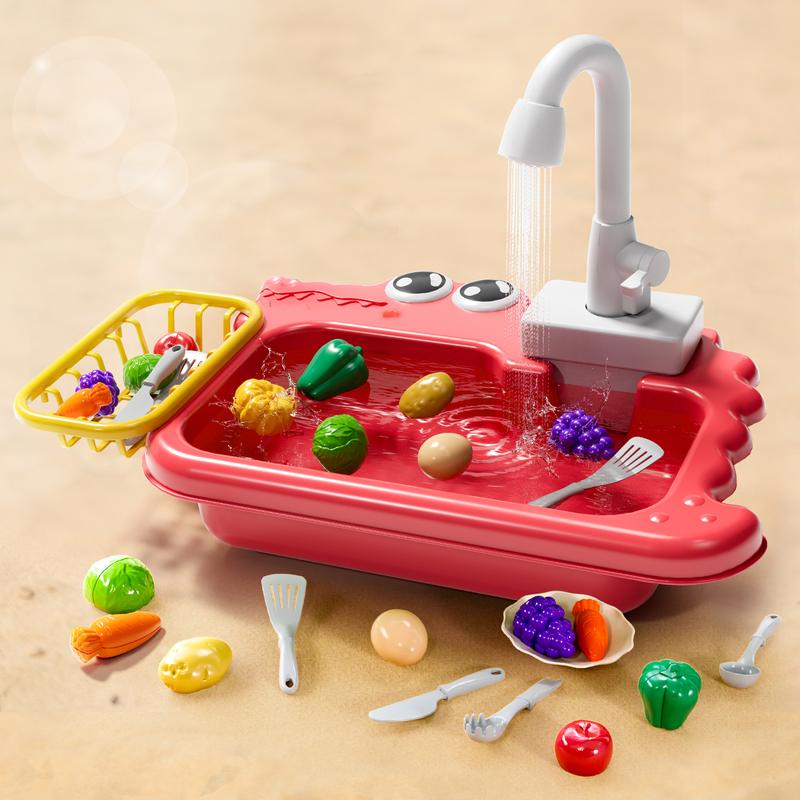 Kitchen Sink with Faucet and Tap Water Circulation, MerryChristmas Gift,Brithday Gift,Fruit&Vegetable&Tableware Toy Accessories, Pretend Play,Role Play Kitchen Sink Toy,Kitchen Experience Set