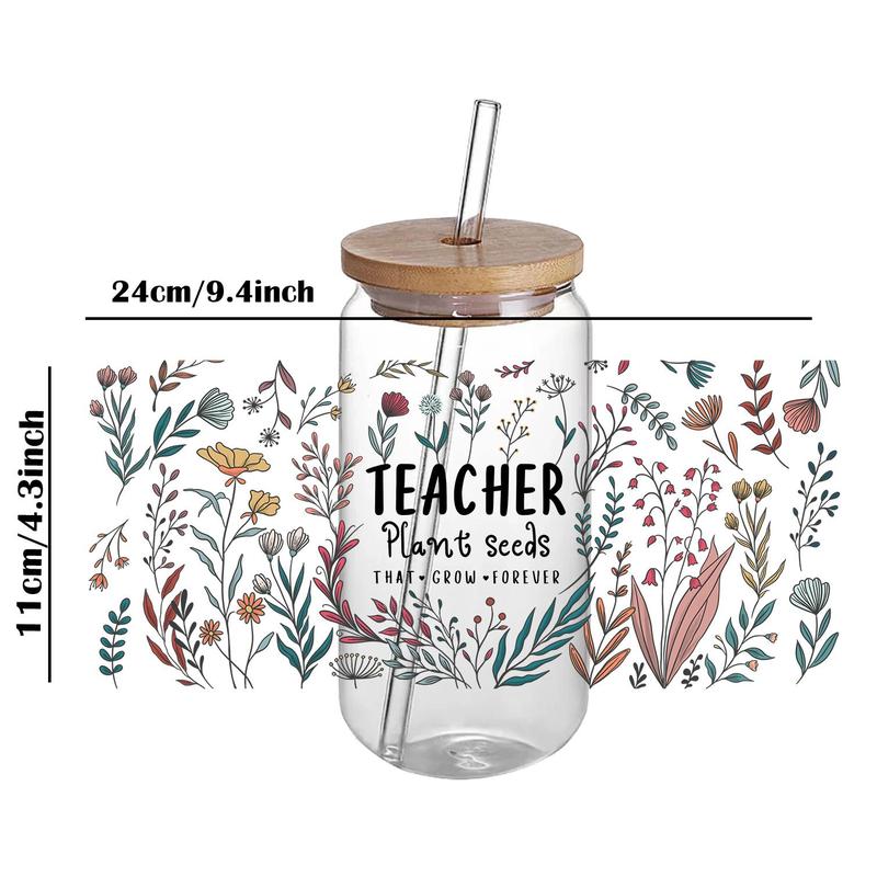 Teacher Floral Pattern Transfer Sticker, 5 Counts set Waterproof Self-adhesive Stickers, DIY Decorative Sticker for Glass Jar, Water Bottle, Scrapbooking, Journal Making, Gift Wrapping