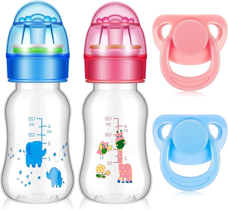 4 Pieces Reborn Baby Doll Accessories, Includes 2 Magnetic Pacifier and 2 Baby Doll Bottles Baby Doll Pacifier Feeding Bottle for Reborn Dolls, Random Pattern, Pink and Blue (Cute)