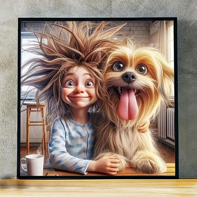 Little Teenager and Pet Dog Pattern DIY Diamond Arts Colorful Painting Kit without Frame, 5D Diamond Decor Painting by Numbers Kit, DIY Wall Art Decor