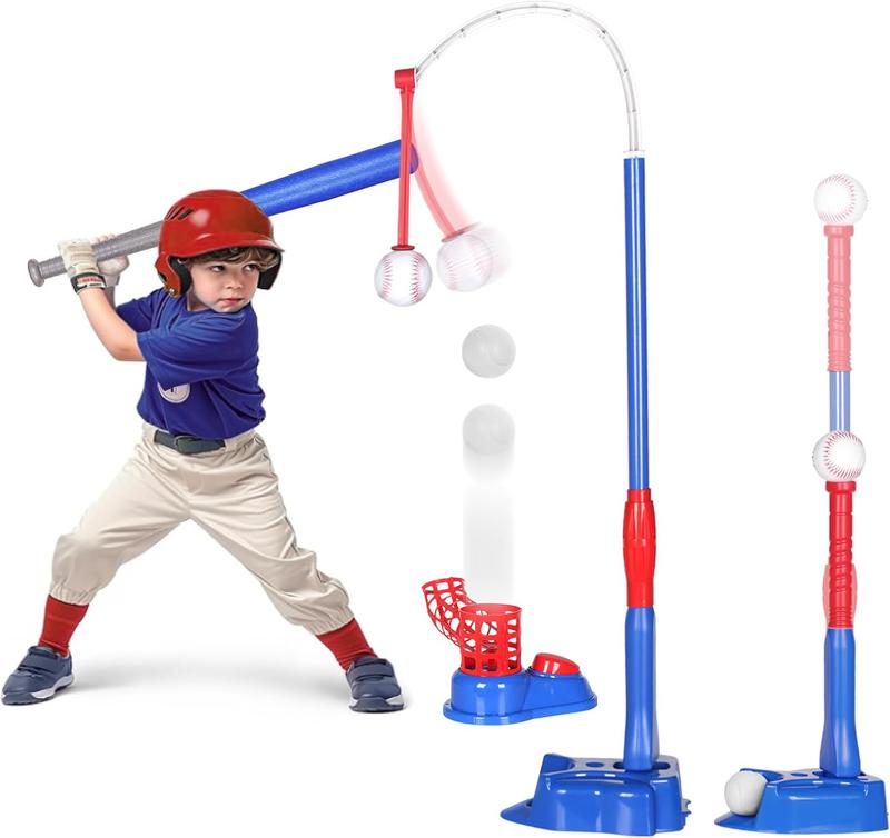 Exergoo 4-in-1 T Ball Set- Height Adjustable Tee Ball Set with 6 Baseballs,  Baseball Tee for 4-8,Indoor Outdoor  Toys for Boys Blue(Tball Bat Batting Tee Hanging Tee Pitching Machine)