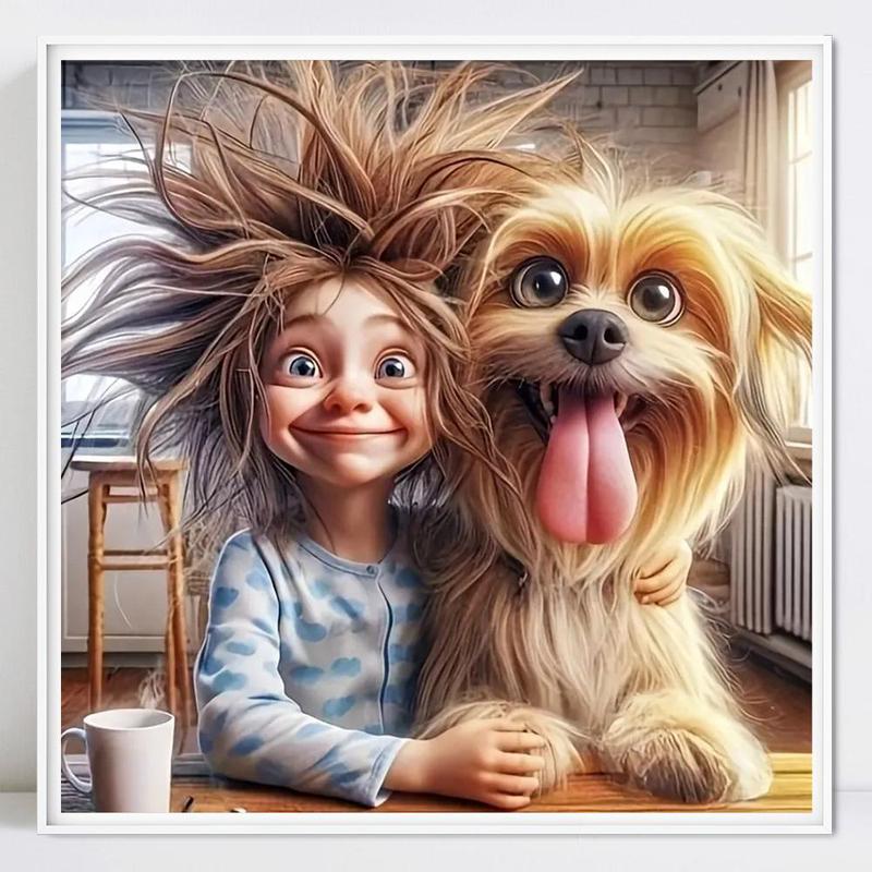 Little Teenager and Pet Dog Pattern DIY Diamond Arts Colorful Painting Kit without Frame, 5D Diamond Decor Painting by Numbers Kit, DIY Wall Art Decor