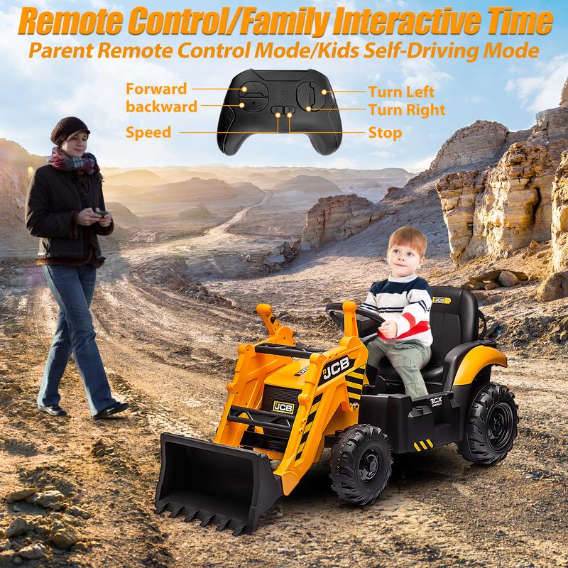 CoCLUB 4 in 1 Ride on Excavator, 12V Licensed JCB Excavator Ride on Toy with Remote Control, Front Loader, Horn and EVA Tires, 4 Transformable Forms Kids Excavator Digger