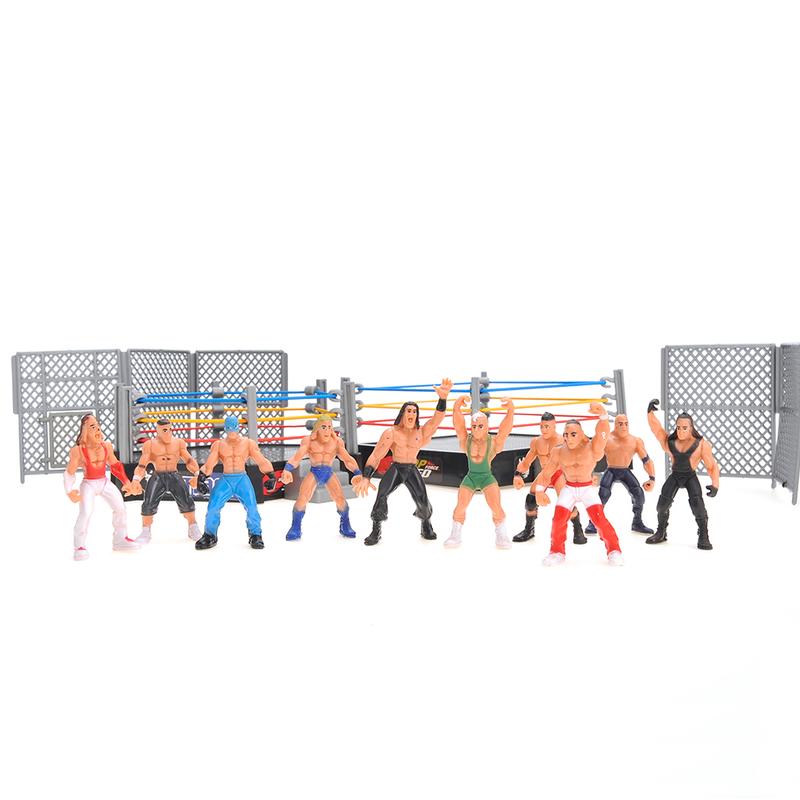 32 Pieces Wrestling Toys, Wrestler Play Set with 2 Wrestle Rings (Hexagon & Square), 12 Wrestlers, 18 Accessories, Toy Figures Cake Topper Birthday