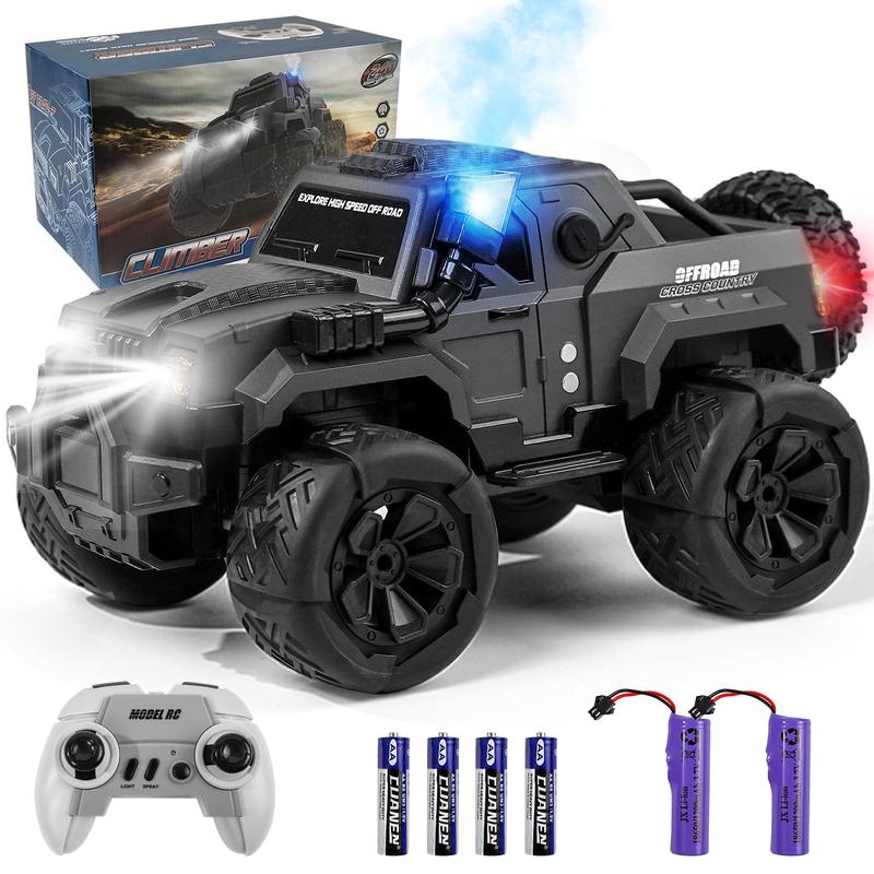 FUUY-Large RC Car, 1:14 RC Car with Spray and LED Lights, Good for 120 Minutes Playtime, 2.4GHz Monster Truck with Spare Tire, All Terrain Off-Road Jeep, Cool Toy Gift, Suitable for Children Over 6 Years Old rc cars