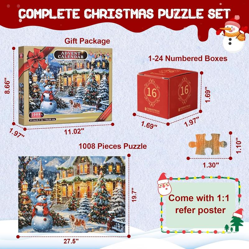 Advent Calendar Puzzle 2024 Christmas Jigsaw Puzzle 1008 Pieces Snowman Christmas Puzzle 24 Days Christmas Countdown Calendars Christmas Tree Advent Puzzle