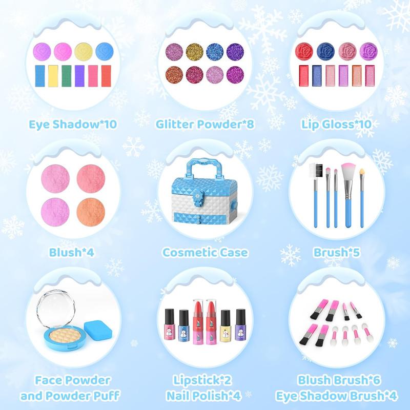 Makeup Set ，56 Pcs Washable Real Cosmetic, Safe & Non-Toxic Frozen Toys Makeup Kit, Frozen Princess Dress up Kit Christmas & Birthday Girl Gift