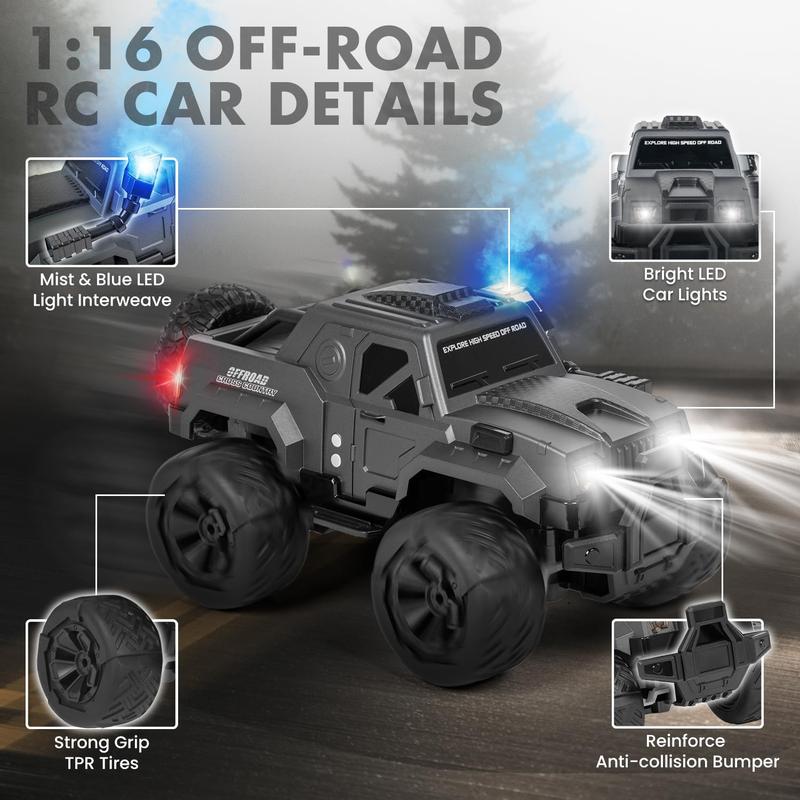 FUUY-Large RC Car, 1:14 RC Car with Spray and LED Lights, Good for 120 Minutes Playtime, 2.4GHz Monster Truck with Spare Tire, All Terrain Off-Road Jeep, Cool Toy Gift, Suitable for Children Over 6 Years Old rc cars