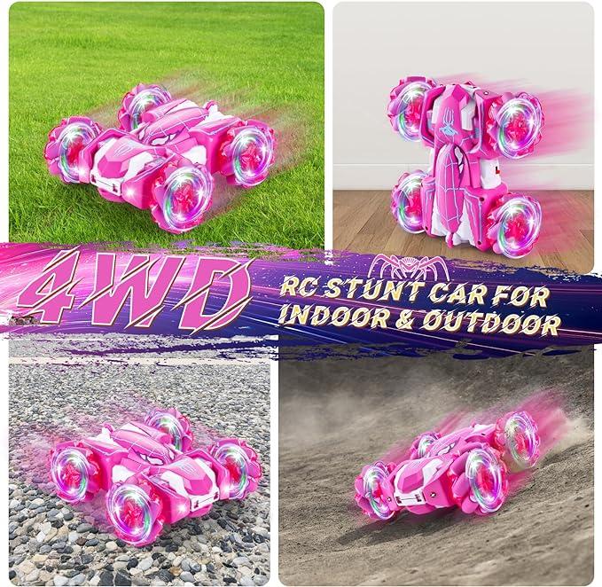 Spider Remote Control Stunt Car, 2.4Ghz Double Sided RC Toy Cars with LED Light 360° Rotating RC Drift Car Pink