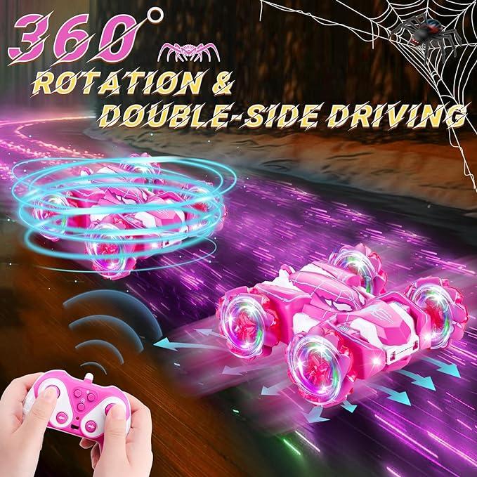 Spider Remote Control Stunt Car, 2.4Ghz Double Sided RC Toy Cars with LED Light 360° Rotating RC Drift Car Pink