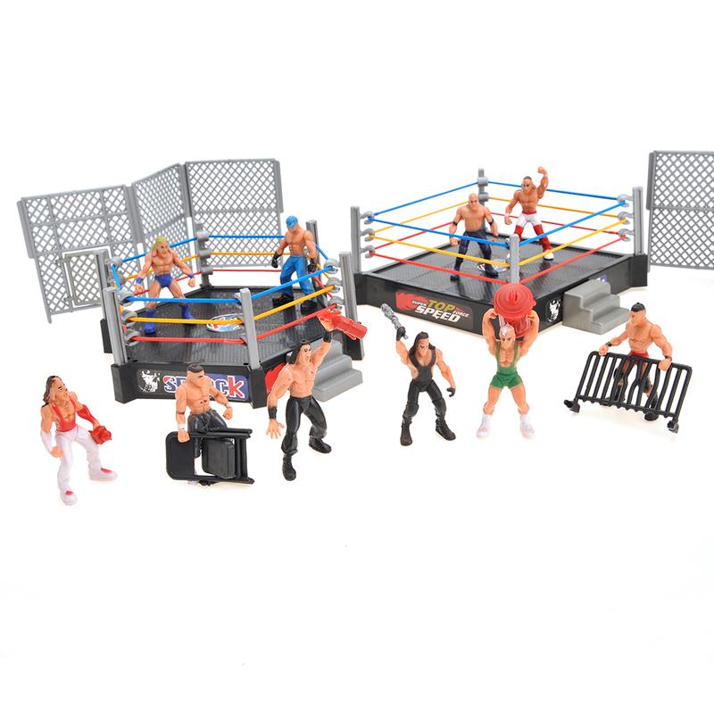 32 Pieces Wrestling Toys, Wrestler Play Set with 2 Wrestle Rings (Hexagon & Square), 12 Wrestlers, 18 Accessories, Toy Figures Cake Topper Birthday