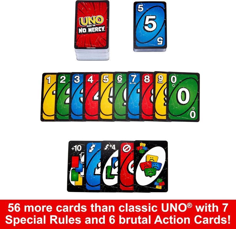 UNO, Show 'em No Mercy, Game Card, kids Adults, Family Night, 2-10 Players, lconic Characters, Engaging Gameplay, Develop Strategies & Skills Sticker