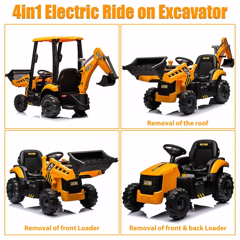 CoCLUB 4 in 1 Ride on Excavator, 12V Licensed JCB Excavator Ride on Toy with Remote Control, Front Loader, Horn and EVA Tires, 4 Transformable Forms Kids Excavator Digger