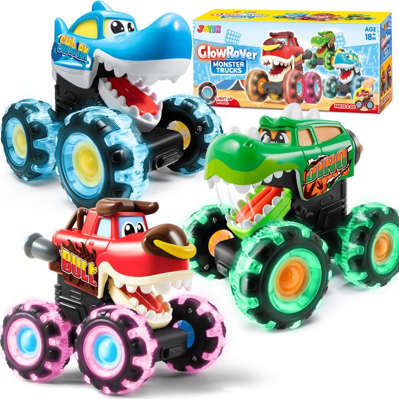  Christmas 2024 Gifts 3 Pack Monster Truck Toy, Motion Activated Light-Up Cars, Press & Go Cars for Boys Girls