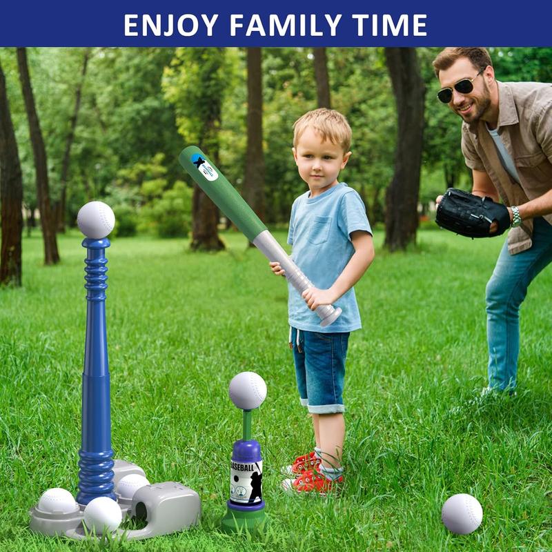 2 in 1 T Ball Sets for Kids 3-5 5-8, Tee Ball Set with Automatic Pitching Machine Adjustable Batting Bat & Stand 6 Balls, Baseball Toys Outdoor Sport for Toddlers Boys, Blue