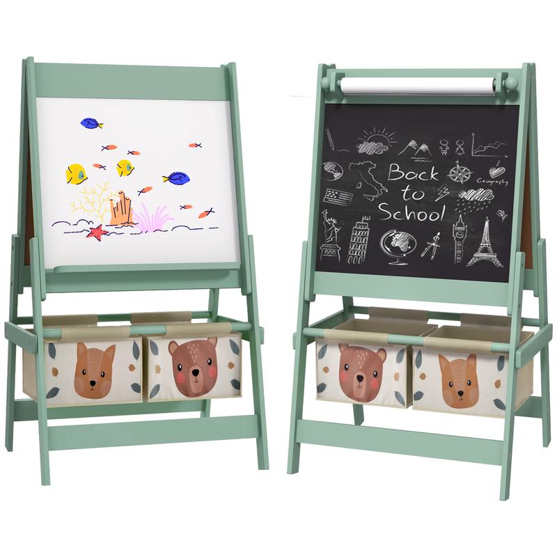 Qaba Art Easel for Kids with Paper Roll, 3 in 1 Toddler Painting Easel with Blackboard, Whiteboard, Storage Baskets