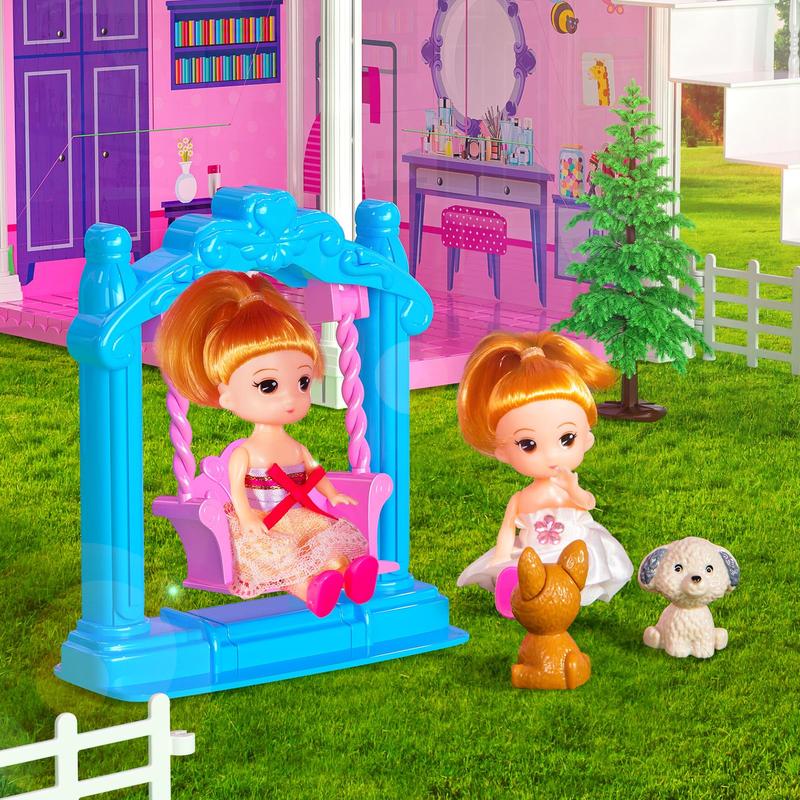 Christmas Gift Luxury DollHouse Pink  Toys - 4 Stories 10 Rooms Dollhouse with 2 Dolls,Slide, Pretend Cottage Toy with Accessories