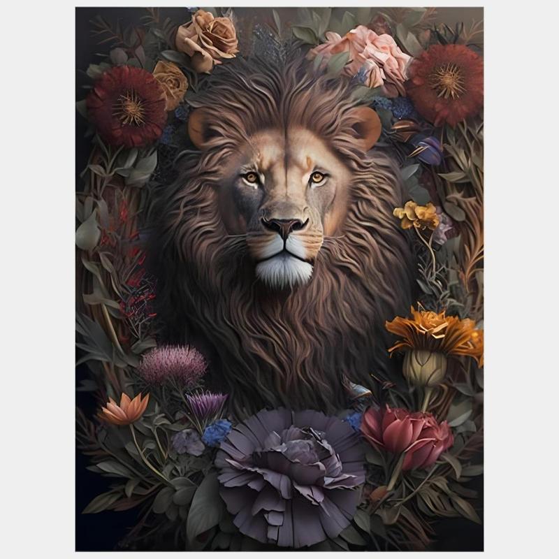 Lion & Flower Pattern Diamond Arts Painting, Cross Stitch Art Craft DIY Full Drill Embroidery Pasted Painting Without Frame For Home Wall Decor