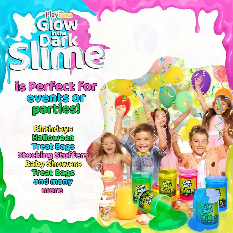 Glow in The Dark Slime - 12 Pack - Neon Blue, Green, Pink, Yellow Colors - Glowing Slime Kit for Kids - Party Favors, Goody Bag Fillers