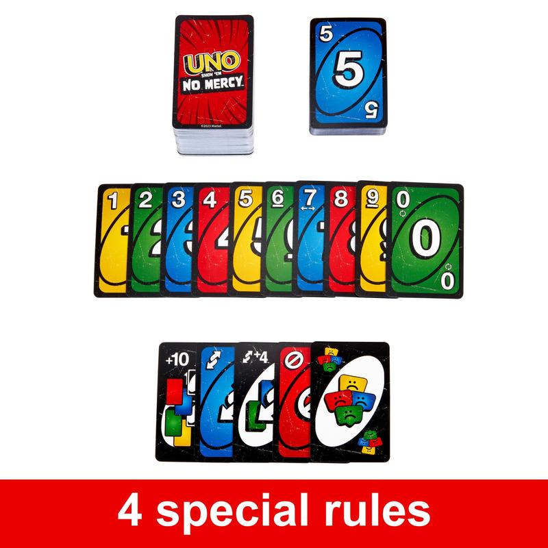 Mattel Games UNO Show ‘em No Mercy Card Game in Storage & Travel Tin for Kids, Adults & Family Night with Extra Cards, Special Rules & Tougher Penalties ( Exclusive)