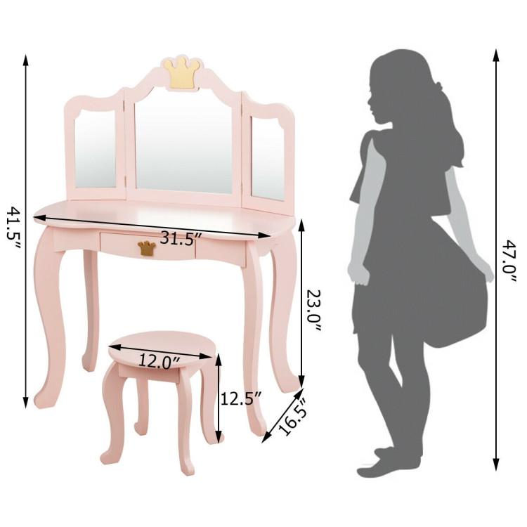 Costzon - Kids Vanity Set, 2 in 1 Wooden Princess Makeup Table and Chair Set with Tri-Folding Detachable Mirror Storage Drawer, Crown Themed Pretend Beauty Dressing Play Toy Gift for Girls, Birthday Gift for Children Girls