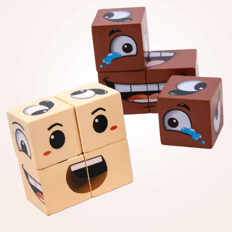 Face-Changing Cube Building Blocks Wooden Expressions Matching Block Puzzle Games  Board Games for Family Night