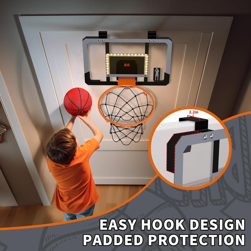 Mini Basketball Hoop Indoor with Scoreboard LED, Glow in The Dark Door Basketball Hoop, Basketball Toy Gifts for Kids Boys Girls Teens Adults, Suit for Bedroom Office Outdoor Pool, Black