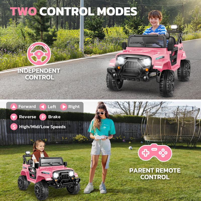 Hikole 12V Battery-Powered Ride-On Jeep for Kids, Remote Control, 3 Speeds, Bluetooth Music, LED Lights, Seat Belt, Spring Shock Absorption