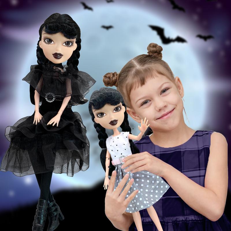 9 inch Black Dress Doll, Black Lip, 2 Dots Dresses, with Thing, wednesday Addams Dolls, Made to Move Dolls, Birthday Gifts for Kids Girls Fans, Holiday Toys